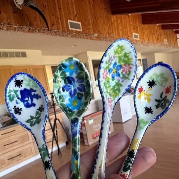 Polish Pottery Stoneware Set of four unikat sugar spoons NEW - Picture 2 of 3